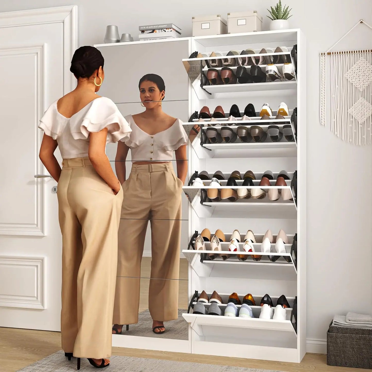 Shoe Storage Cabinet with Full Length Mirror, 30 Pairs & 5 Flip Drawer, Free Standing