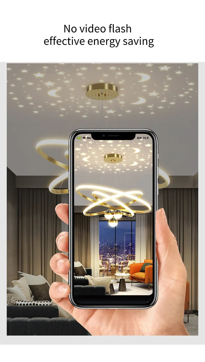 Ring Chandelier with Moon Stars Creative Black/Gold Ring Circle LED Chandelier for Bedroom Dining Room