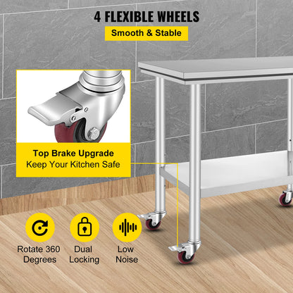 Stainless Steel Kitchen,  Commercial Work Bench Table with Caster Wheels