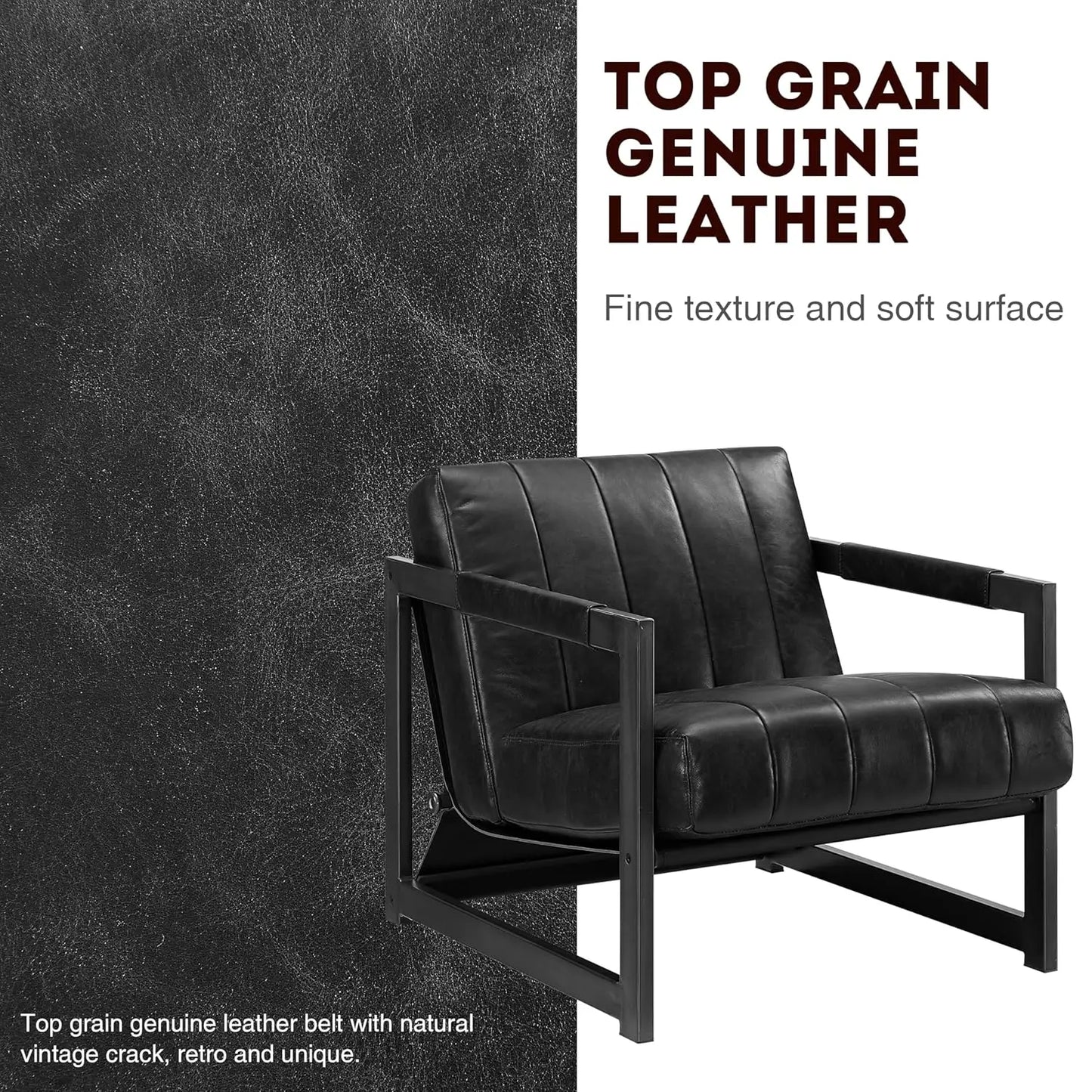 Genuine Leathe Mid Century Armchair Black Metal Frame, Customized