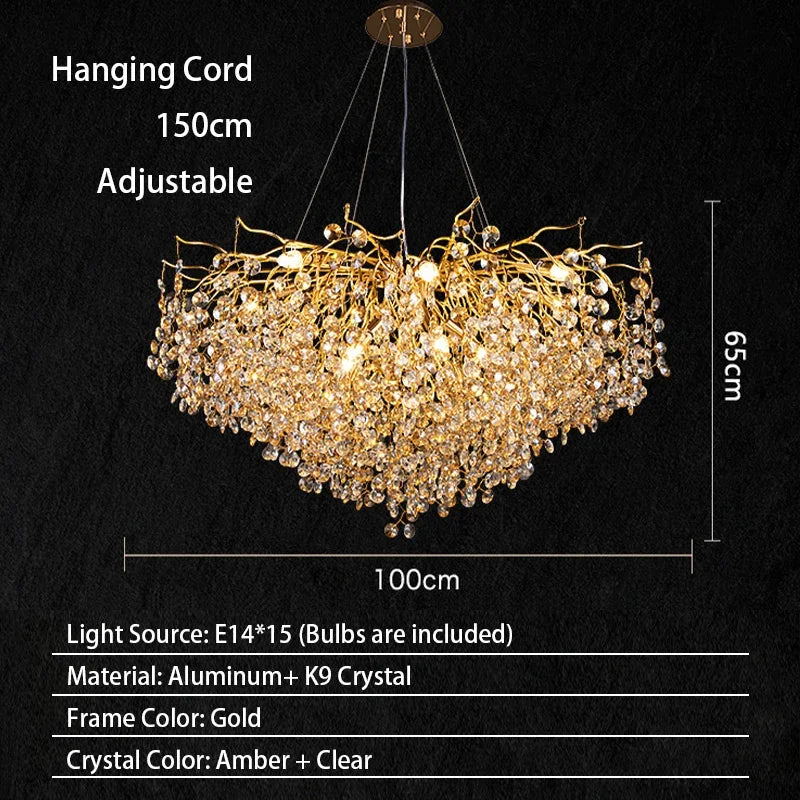 Modern Living Room LED Crystal Gold Large Chandelier Kitchen Long Pendant Lamp