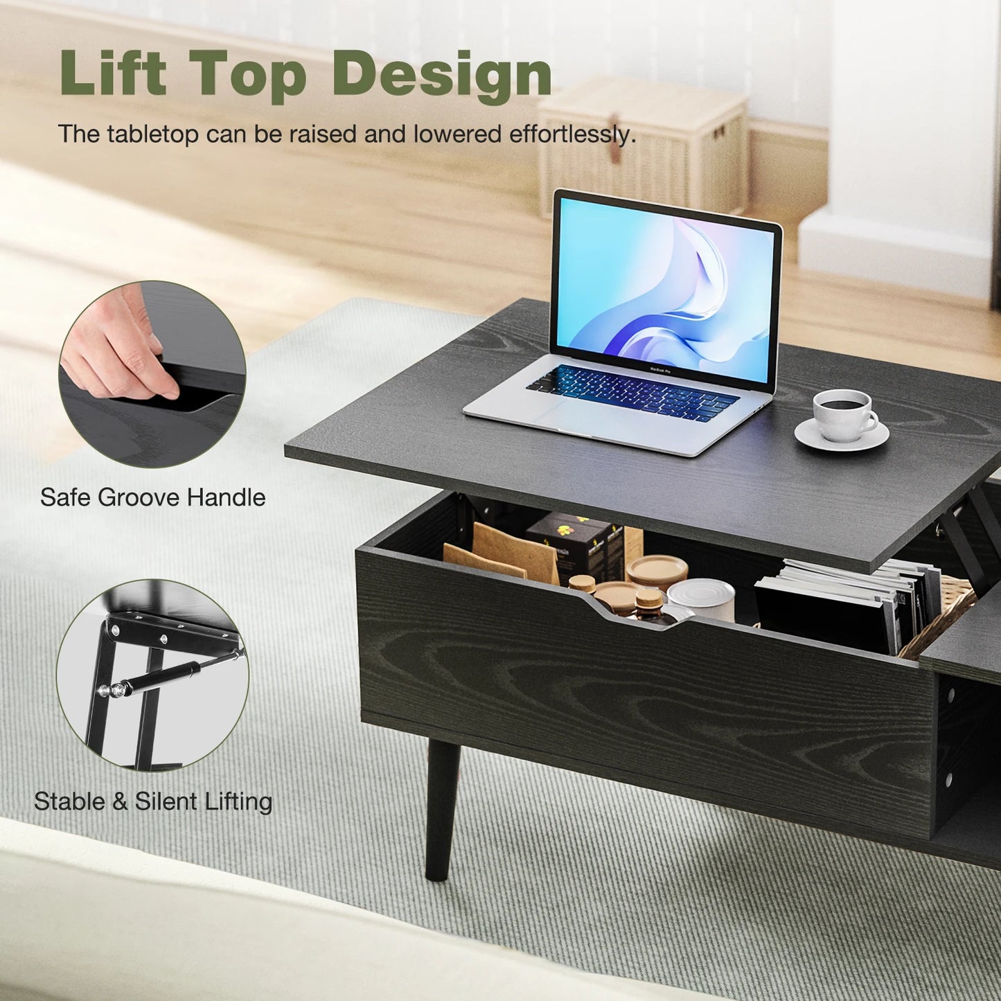 JHK Lift Top 39.37"x19.7" Desk Tea Wood Dining Tables Adjustable Storage Shelf Easy Lift Or Lower