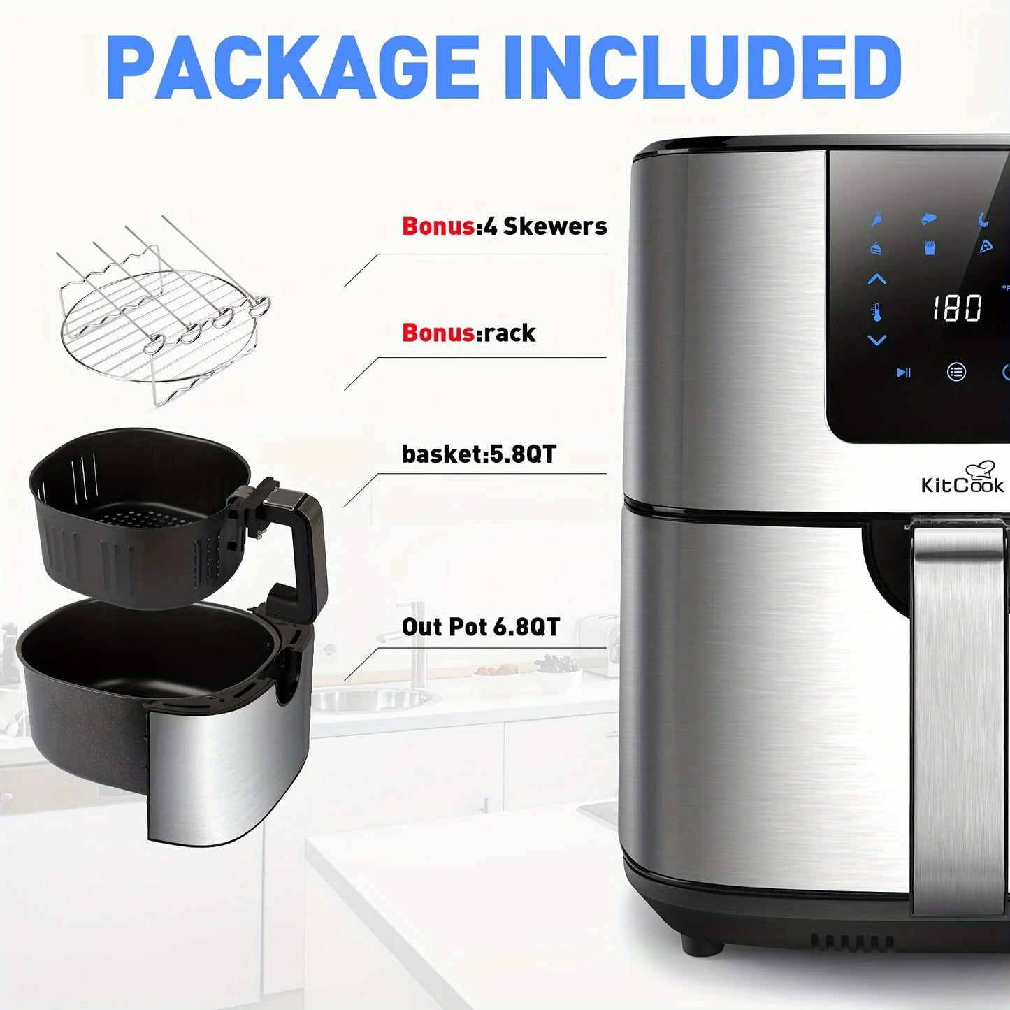 Air Fryer XL, 1500W 120V 6.8QT Stainless Steel Air Fryers Oven, Nonstick Basket, LED Touch Screen