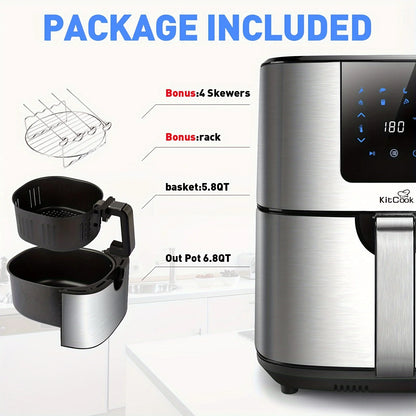 Air Fryer XL, 1500W 120V 6.8QT Stainless Steel Air Fryers Oven, Nonstick Basket, LED Touch Screen