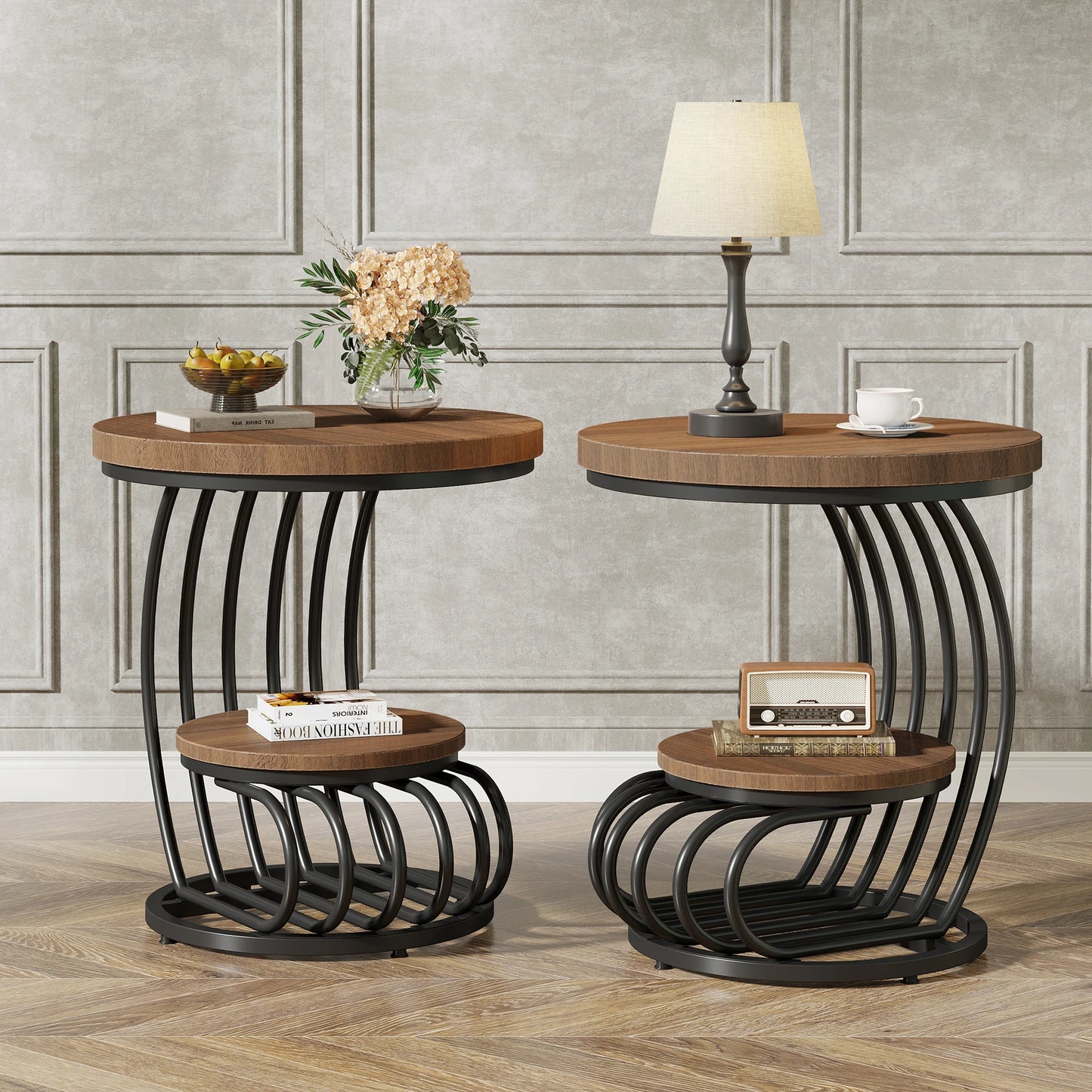 Tribesigns Gold Round End Table: 2 Tiers Faux Marble Side Table with Storage Shelf