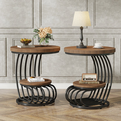 Tribesigns Gold Round End Table: 2 Tiers Faux Marble Side Table with Storage Shelf