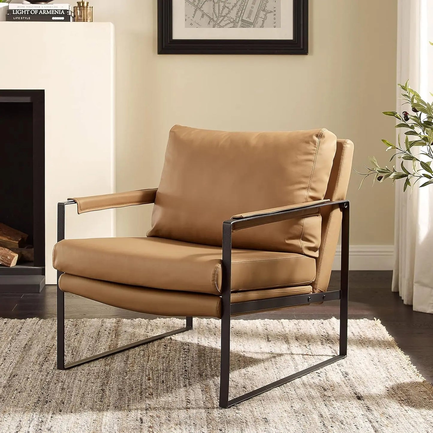 Genuine Leathe Mid Century Armchair Black Metal Frame, Customized