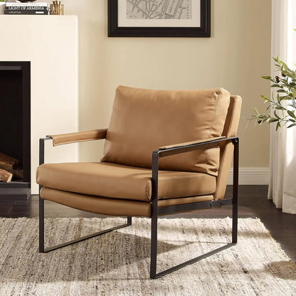 Genuine Leathe Mid Century Armchair Black Metal Frame, Customized