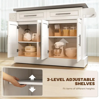 Rolling Kitchen Island Cart with 47 Stainless Steel Top, Portable Island Table for Kitchen with Wheels, Adjustable Shelves, 2 D