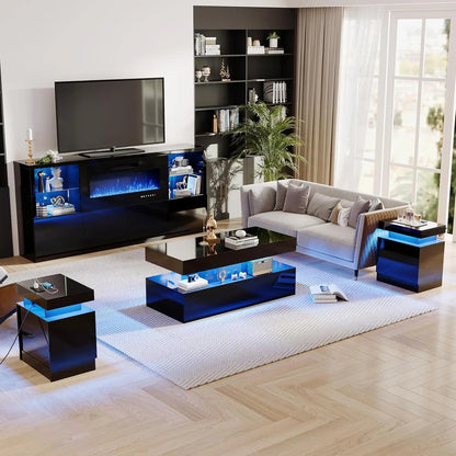 68" High Gloss Fireplace TV Stand with 40" LED Insert, Glass Shelves, Black, Customized