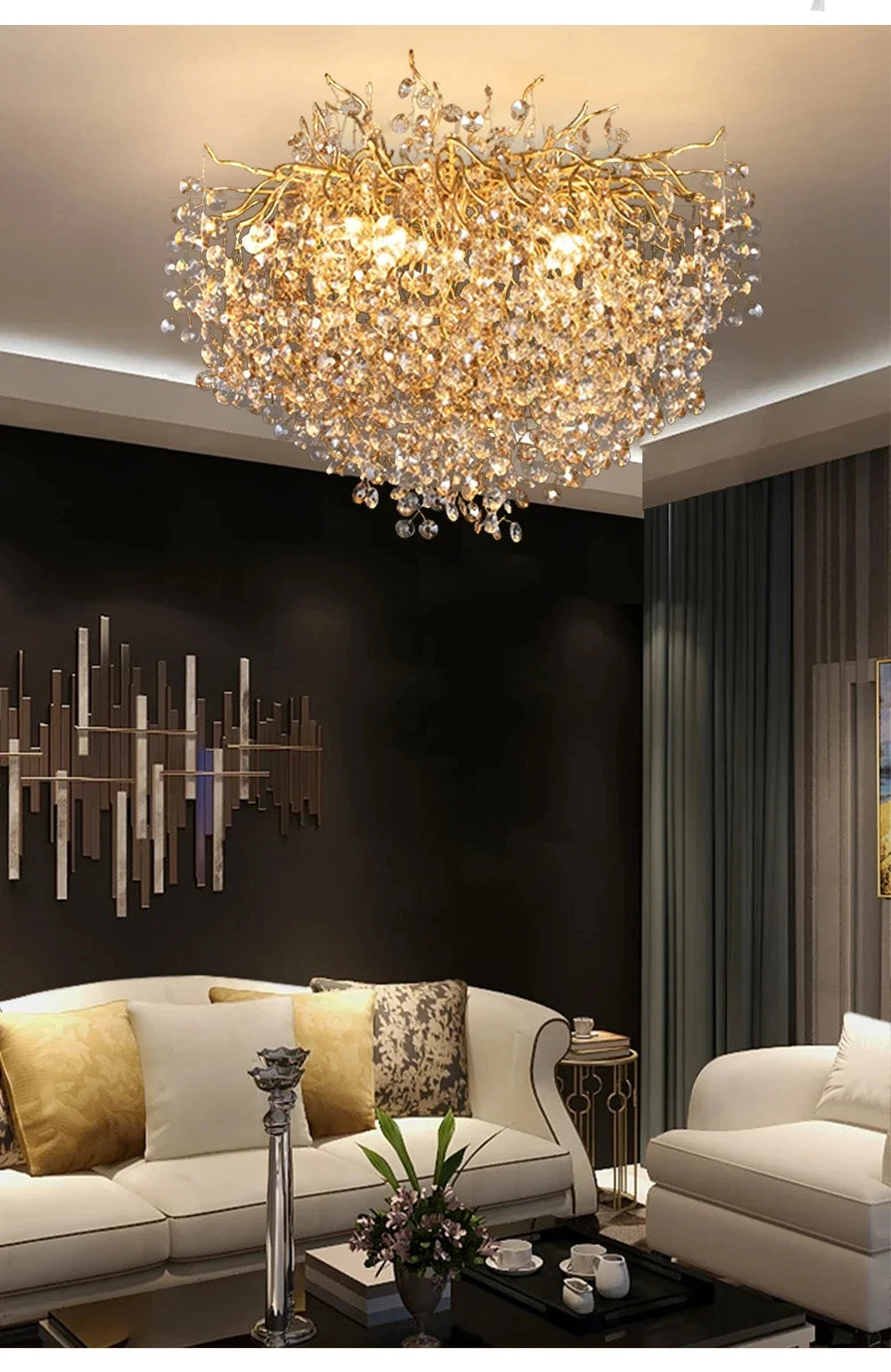 Modern Living Room LED Crystal Gold Large Chandelier Kitchen Long Pendant Lamp