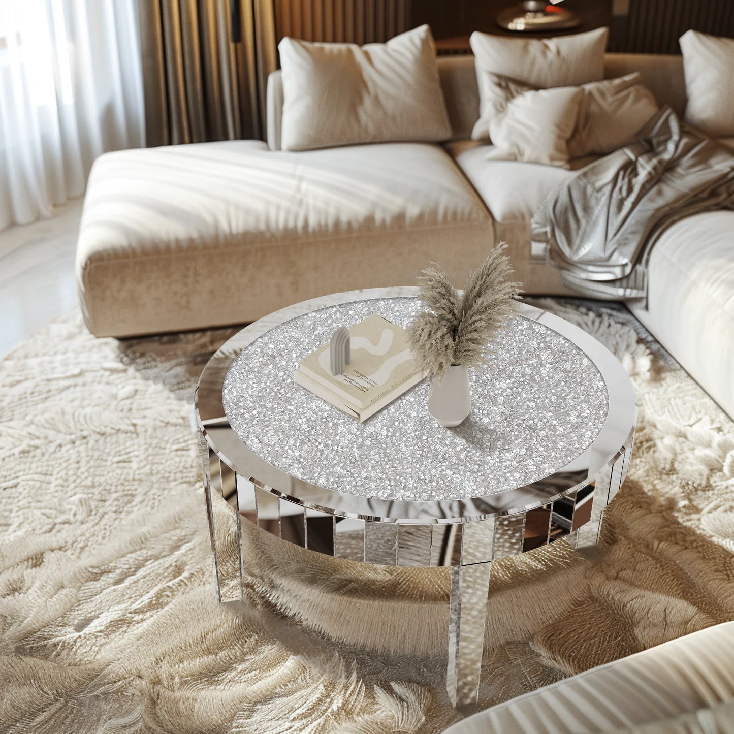 FATIVO Large Round Mirrored Coffee Table Beveled, Crushed Diamond End Table