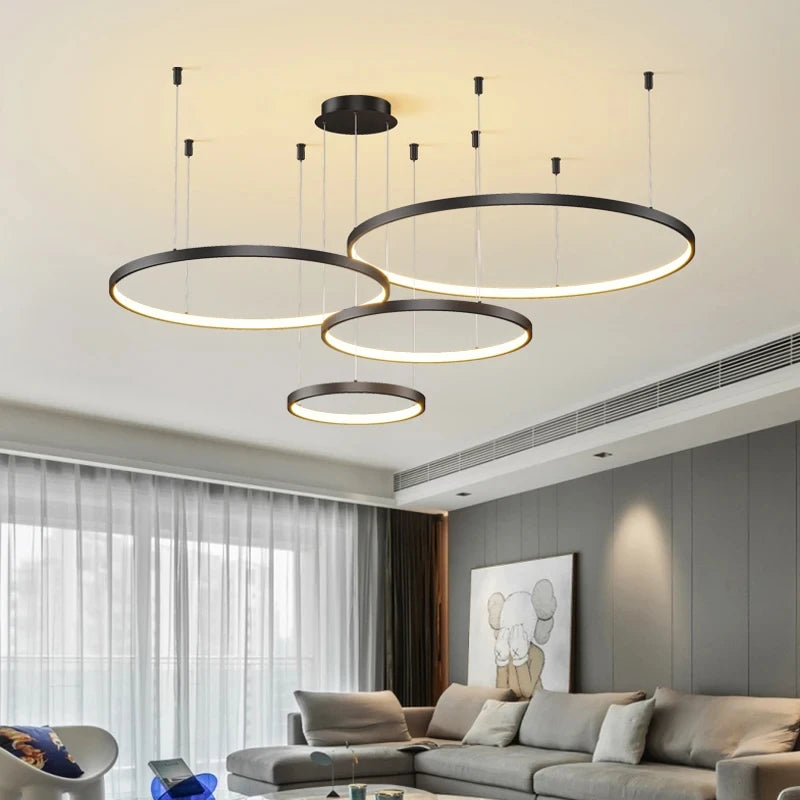 Black Rings Simple Style Modern Pendant Light,  Minimalist Chandelier Living room Dimmable Remote Lamp