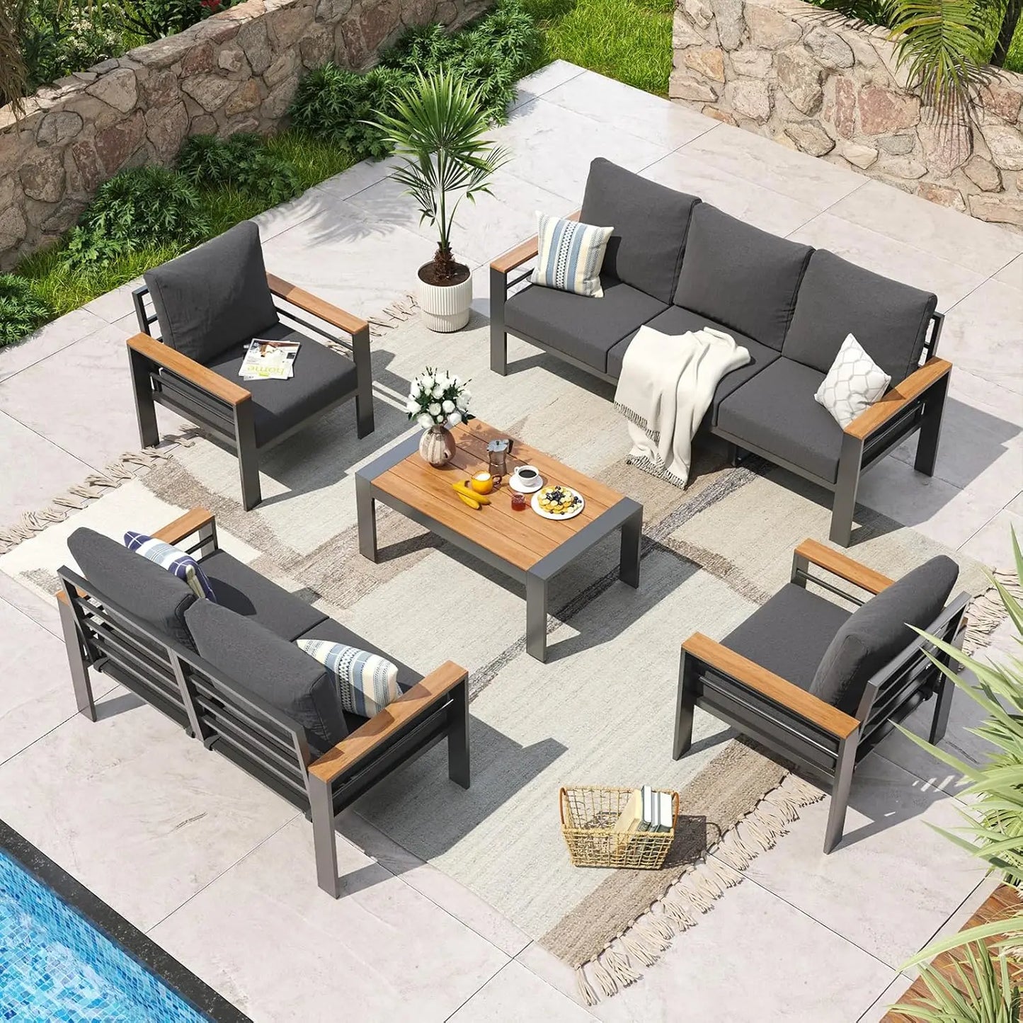 Aluminum Patio Furniture, Oversized Sectional, Washable Thick Cushions, Coffee Table