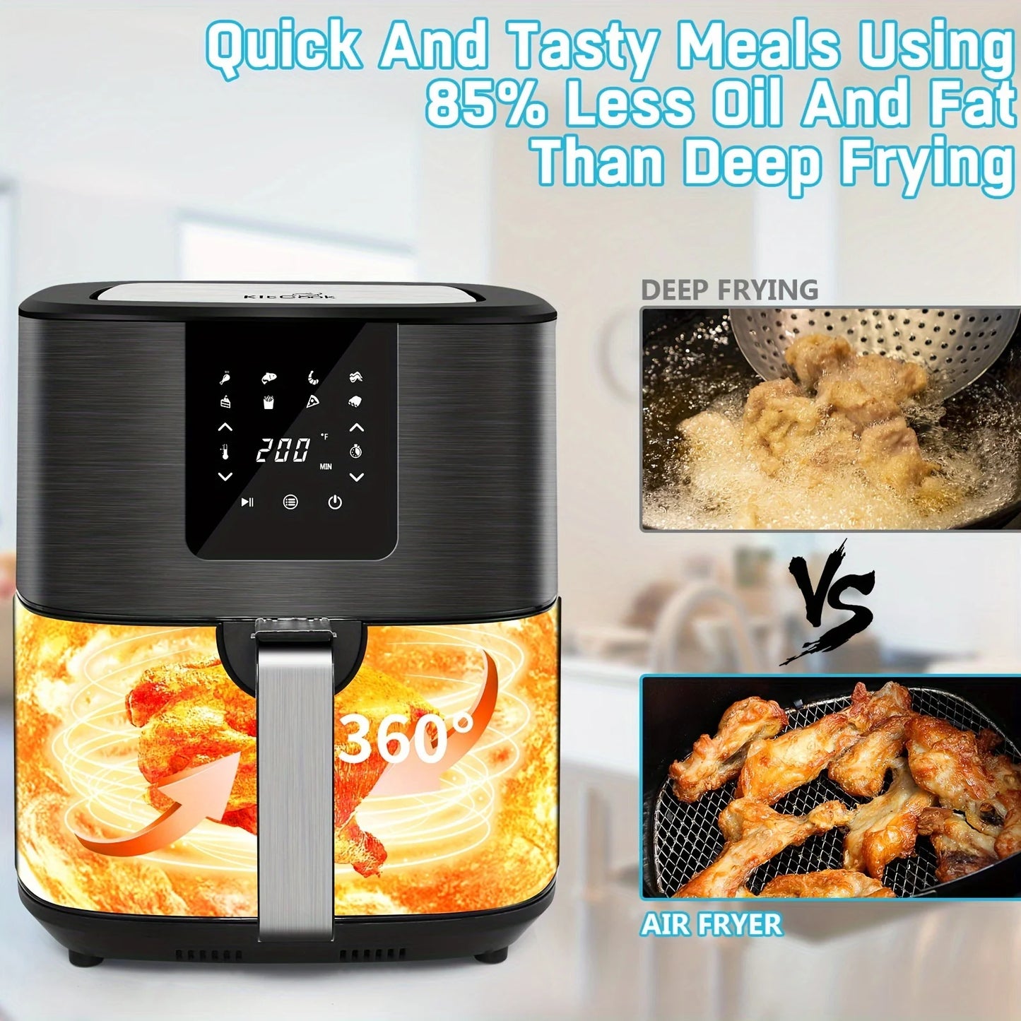 KitCook Large, 1500W 7QT AirFryer, Adjustable Temperature 100-400°F, 8 Presets Menu, Digital Touch Screen