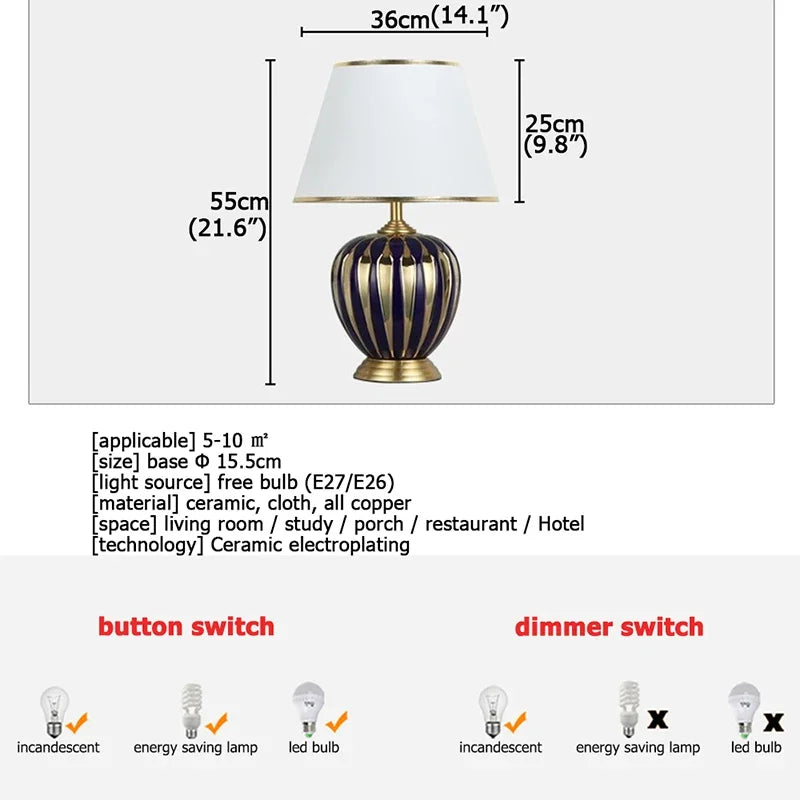 BRIGHT Copper Table Lamps Ceramic Luxury Modern Fabric for Foyer,  Living Room,, Creative Bed Room