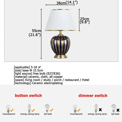BRIGHT Copper Table Lamps Ceramic Luxury Modern Fabric for Foyer,  Living Room,, Creative Bed Room