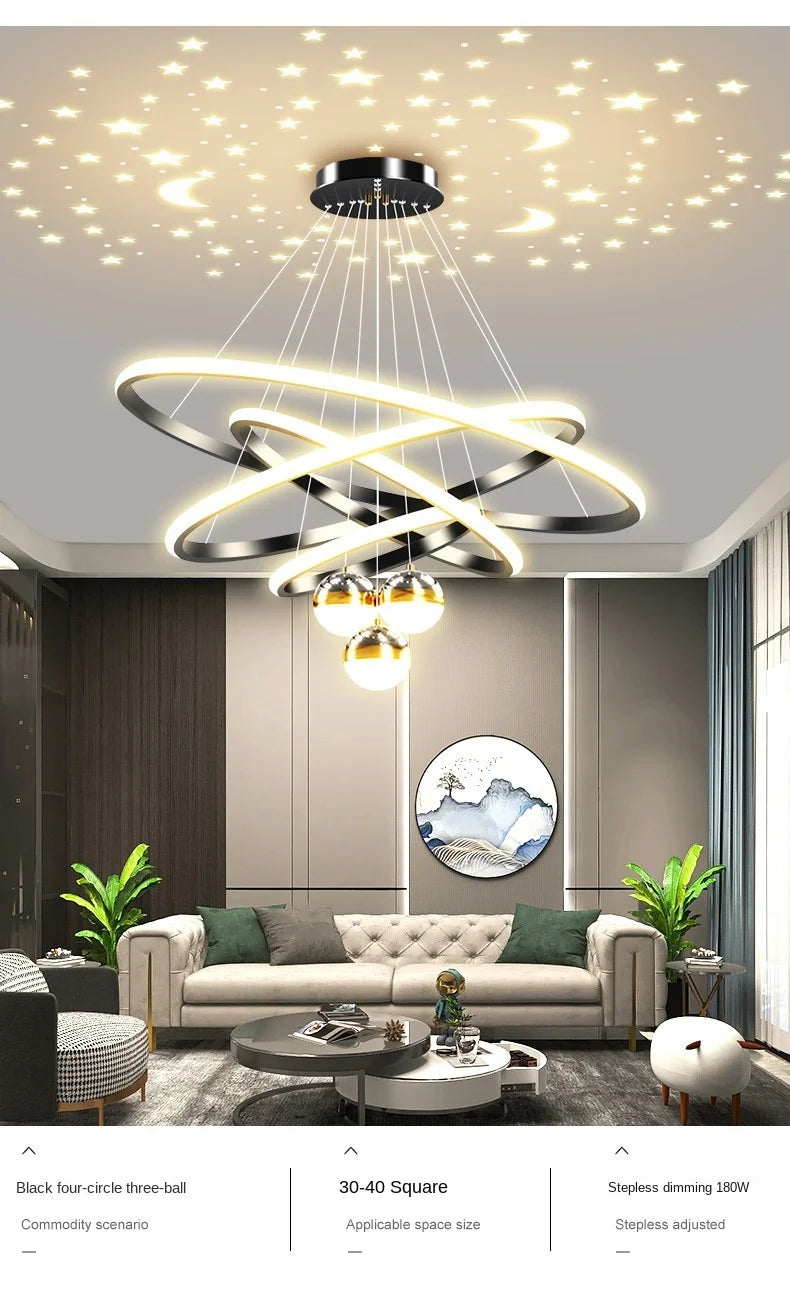 Ring Chandelier with Moon Stars Creative Black/Gold Ring Circle LED Chandelier for Bedroom Dining Room