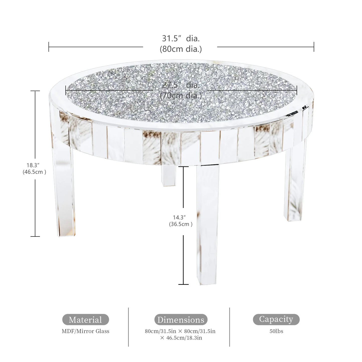 FATIVO Large Round Mirrored Coffee Table Beveled, Crushed Diamond End Table