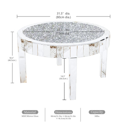 FATIVO Large Round Mirrored Coffee Table Beveled, Crushed Diamond End Table