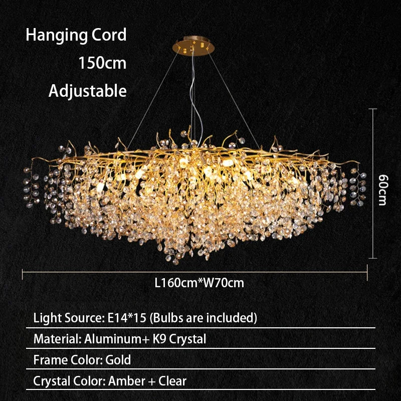 Modern Living Room LED Crystal Gold Large Chandelier Kitchen Long Pendant Lamp