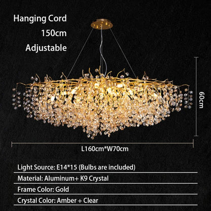 Modern Living Room LED Crystal Gold Large Chandelier Kitchen Long Pendant Lamp